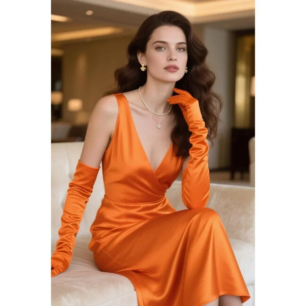 Women's Orange Vintage Satin Long Gloves Party Costume Stretchy Elbow Length